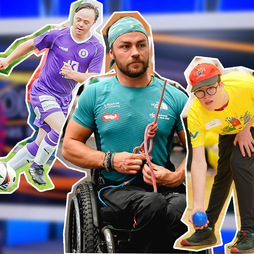 Eine Fotocollage mit einem Fußballspieler mit Downsyndrom, Kletterweltmeister Angelino Zeller, der im Rollstuhl sitzt, und einem Boccia-Spieler bei den Schoool Games.